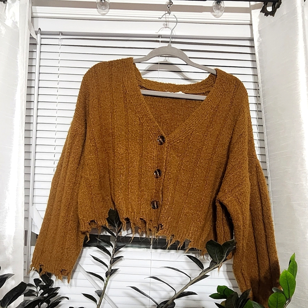 Double Zero Brand Cropped Distressed Button-Up Sweater